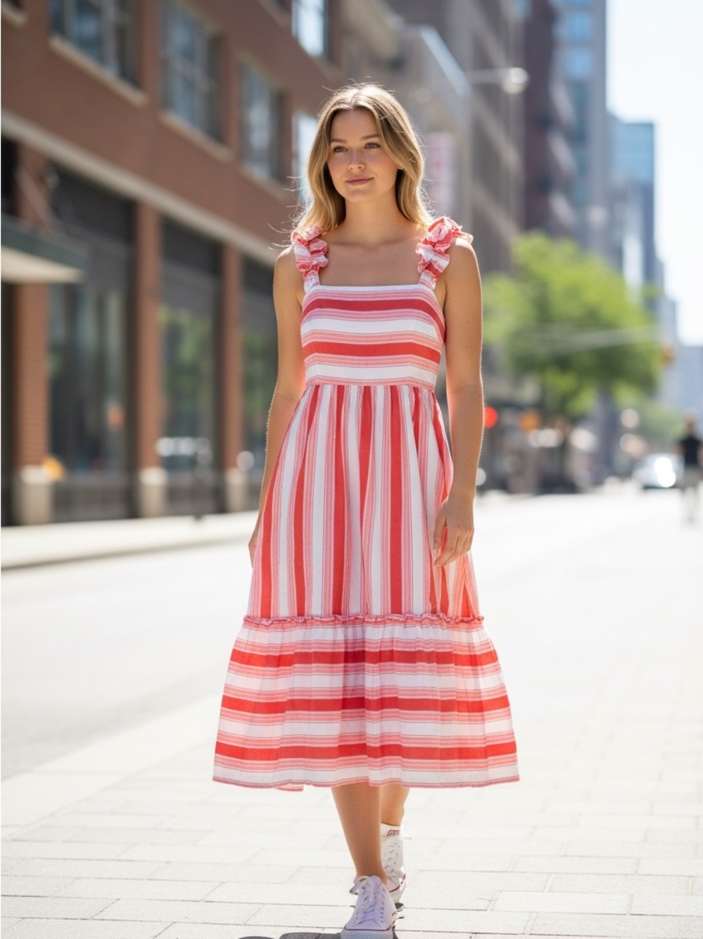 J. Crew Tiered Pink and White Striped Ruffle-Shoulder Midi Dress sz14